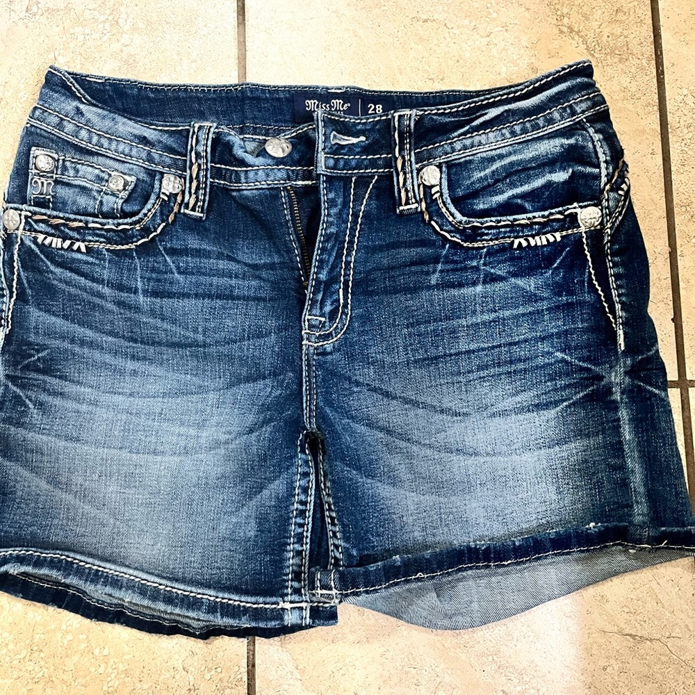 Miss Me Blue Jean Shorts with Distressed Cuffed Hem
